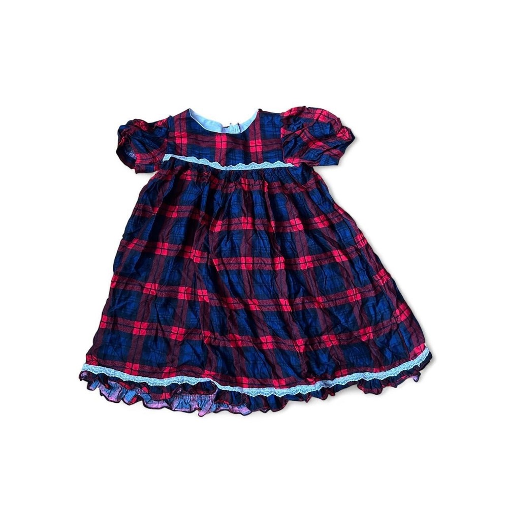 Babydoll Dress Plaid Puff Sleeve Lace Trim Ruffle Hem Red Navy Girls